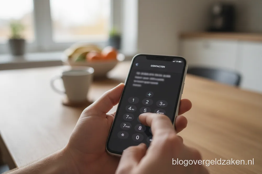 Hand met een smartphone die op het kiesscherm het plusteken intoetst