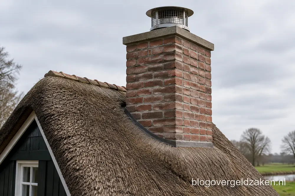 Schoorsteen met vonkenvanger op een rieten dak