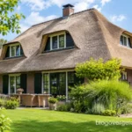 Huis met een rieten dak in een tuin