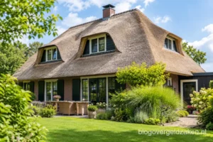 Huis met een rieten dak in een tuin